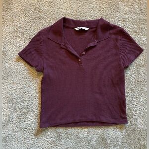 SO Burgendy Waffle Knit Collared Crop Top - Large